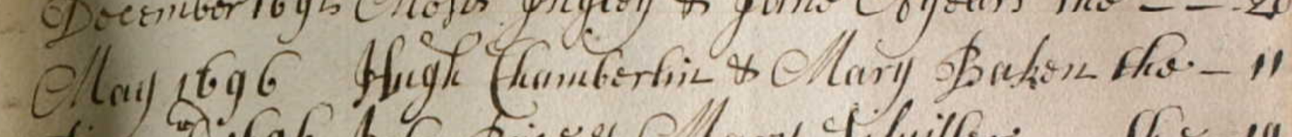 Figure 5: Marriage Register entry for Hugh Chamberlen the younger and Mary Bacon