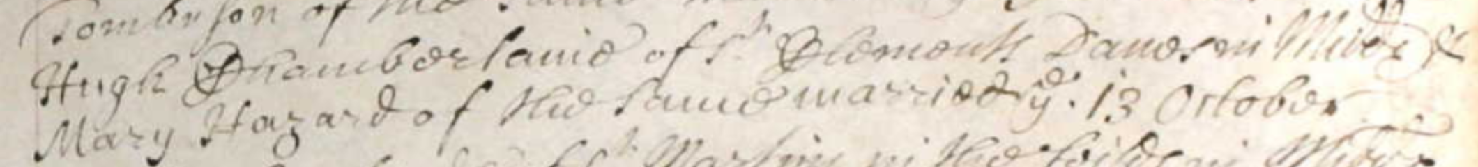 Figure 2: Marriage Register entry for Hugh Chamberlen the younger and Mary Hazard