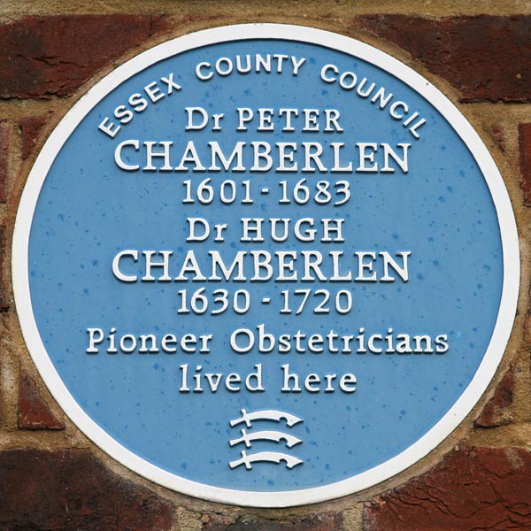 Figure 5: Blue Plaque erected by Essex County Council recognizing Peter Chamberlen and his son Hugh
