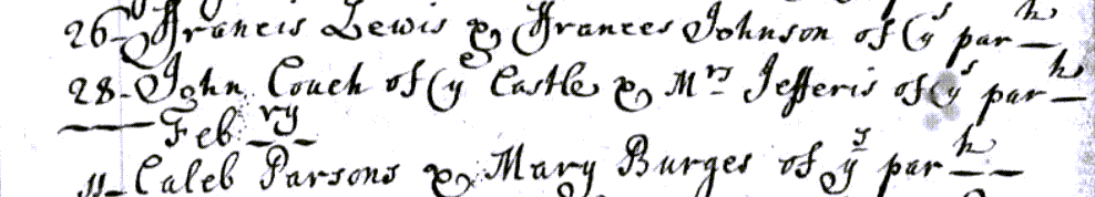 Figure 1: Marriage Register Entry for John Couch and Mrs Jefferis