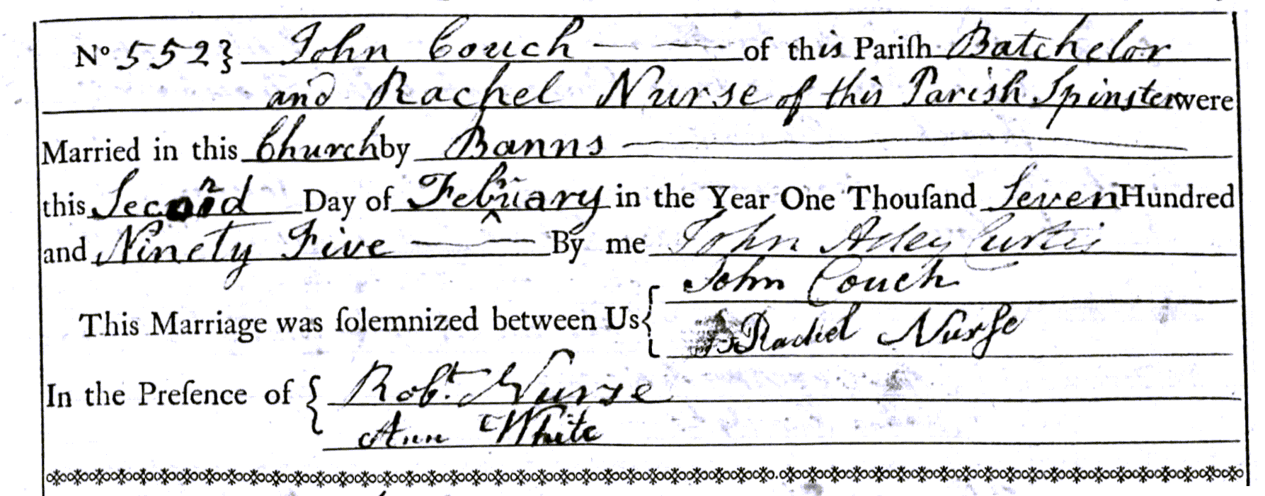 Figure 1: Marriage Register Entry for John Couch and Rachel Nurse