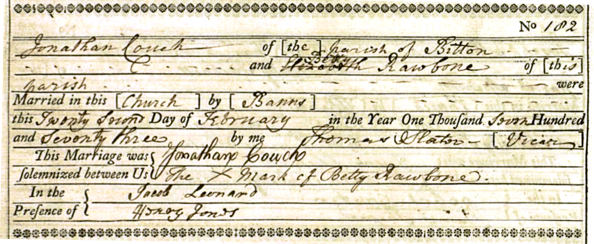 Figure 1: Marriage Register Entry for Jonathan Couch and Betty Rawbone