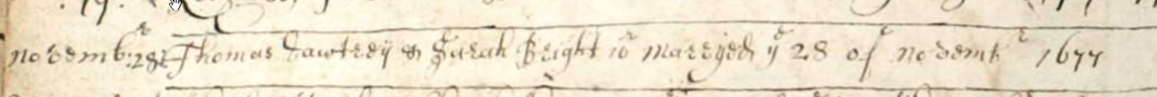 Figure 2: Marriage Register entry for Thomas Dawtrey and Sarah Bright