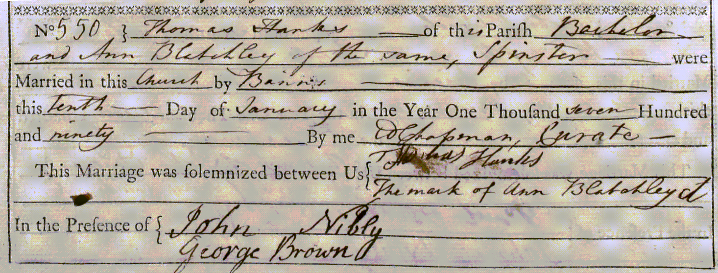 Figure 2: Marriage Register Entry for Thomas Hanks and Ann Blatchley