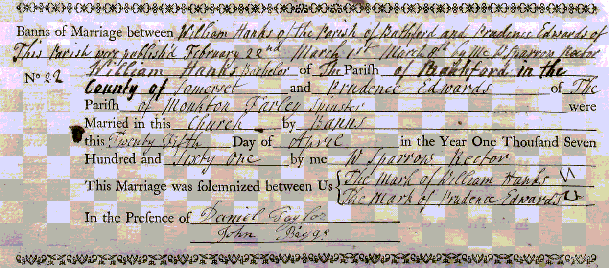 Figure 2: Marriage Register Entry for william Hanks and Prudence Edwards