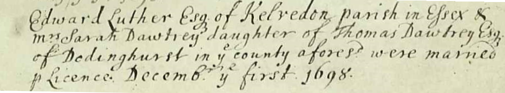 Figure 2: Marriage Register Entry for Edward Luther and Sarah Dawtrey