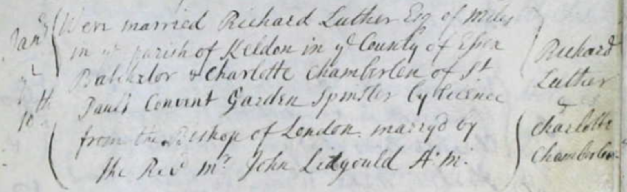 Figure 3: Marriage Register Entry for Richard Luther and Charlotte Chamberlen