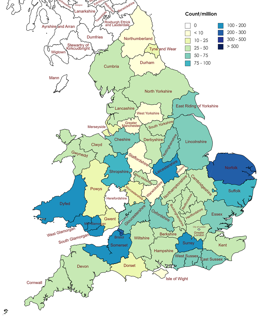 Figure 1: Distribution of the name Nurse in the 2005 Electoral Register, by Ceremonial County