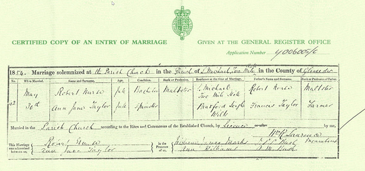 Figure 3: Marriage Certificate of Robert Nurse and Ann Jane Taylor