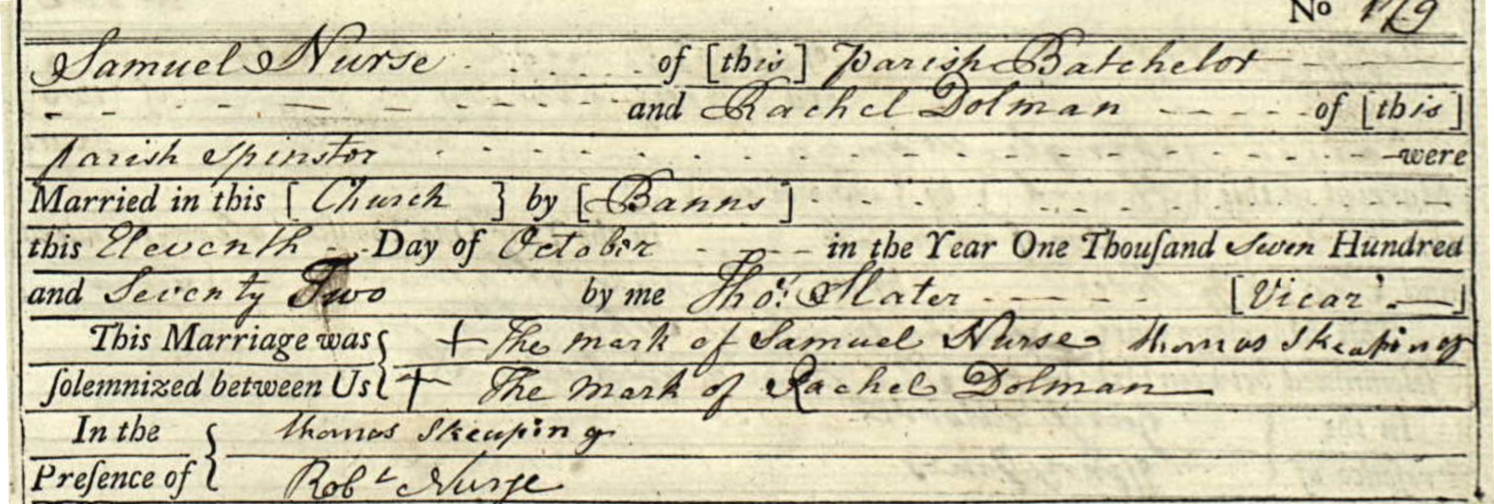 Figure 1: The Marriage Register entry for Samuel Nurse and Rachel Dolman