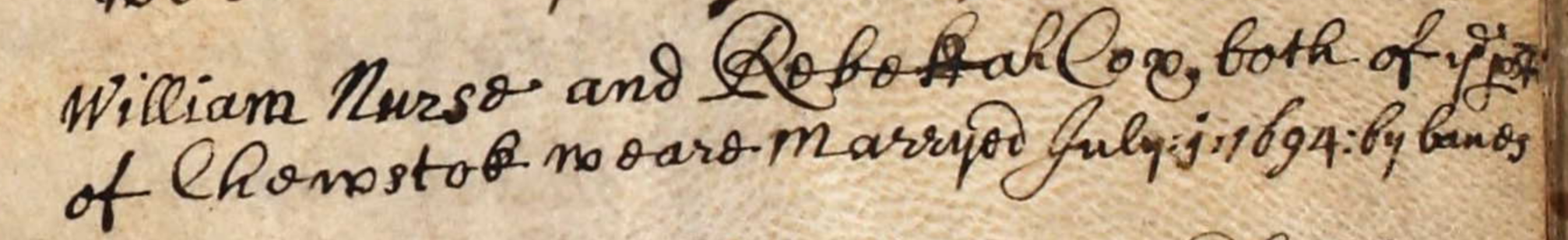 Figure 2: Marriage Register Entry for William Nurse and Rebecca Cox