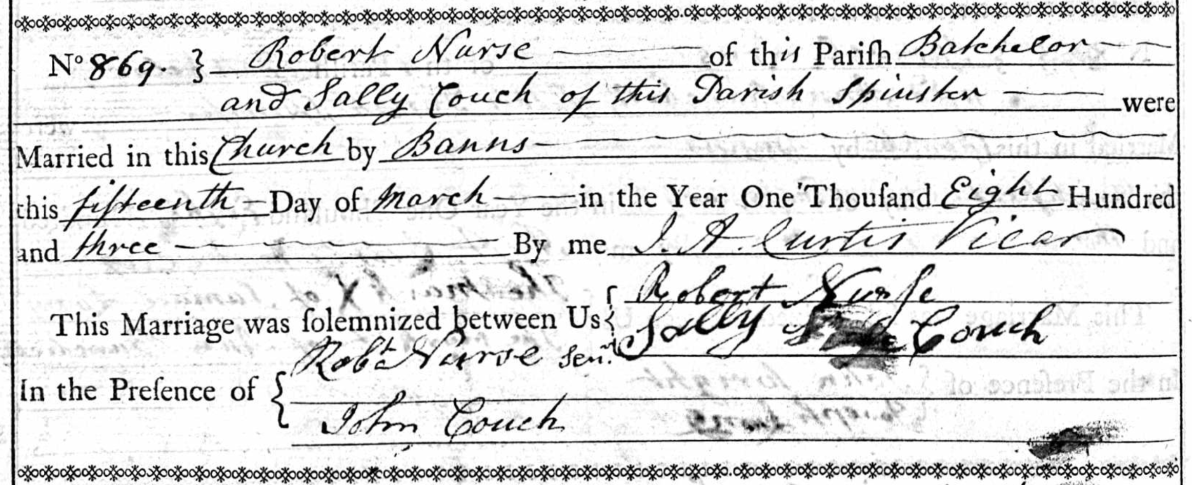 Figure 1: The Marriage Register entry for Robert and Sally Nurse