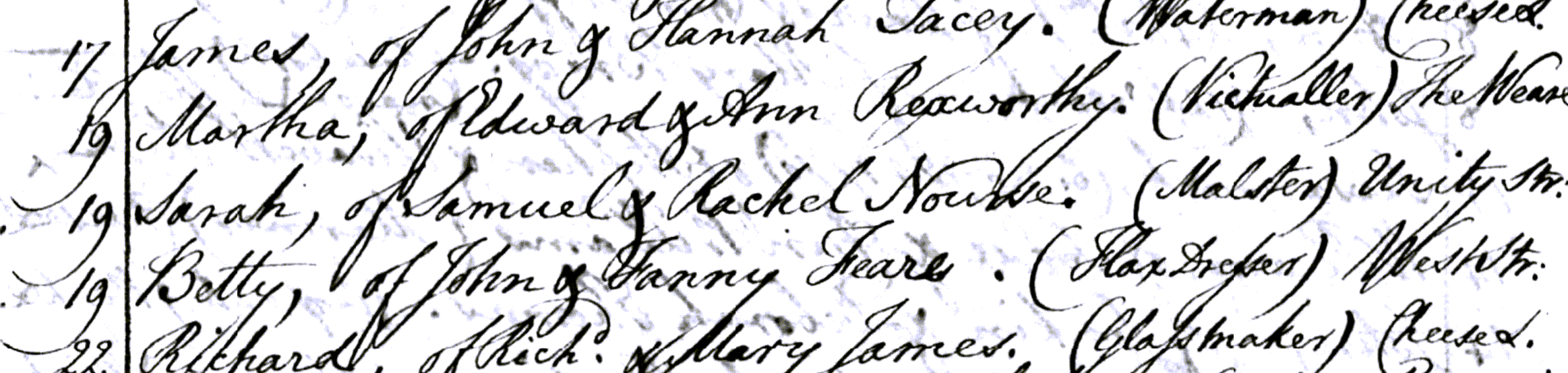 Figure 2: The Baptism Register entry for Sarah Nourse, daughter of Samuel and Rachel