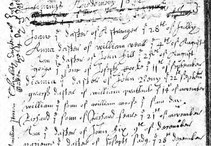 Figure 2: Baptism record of William Mourse, Chew Magna
