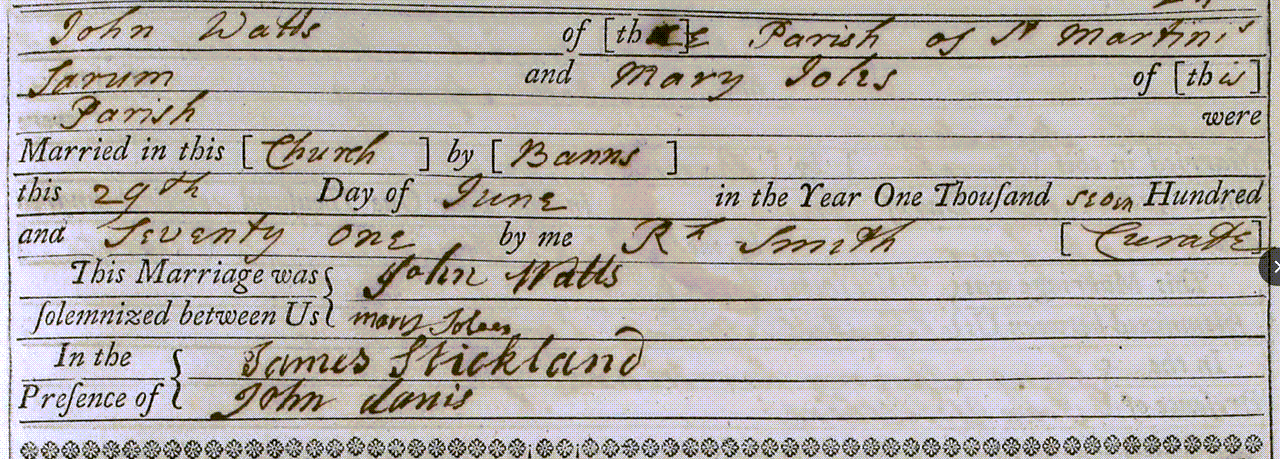 Figure 1: Marriage Register Entry for John Watts and Mary Joles