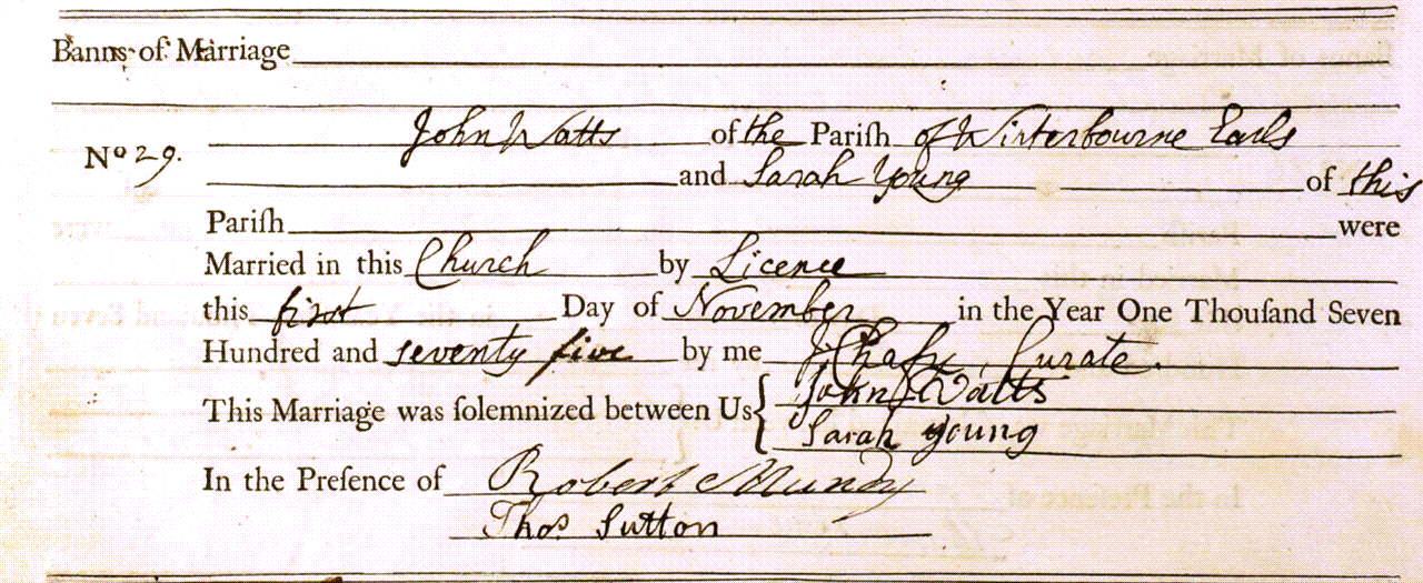 Figure 2: Marriage Register Entry for John Watts and Sarah Young (nee Sutton)