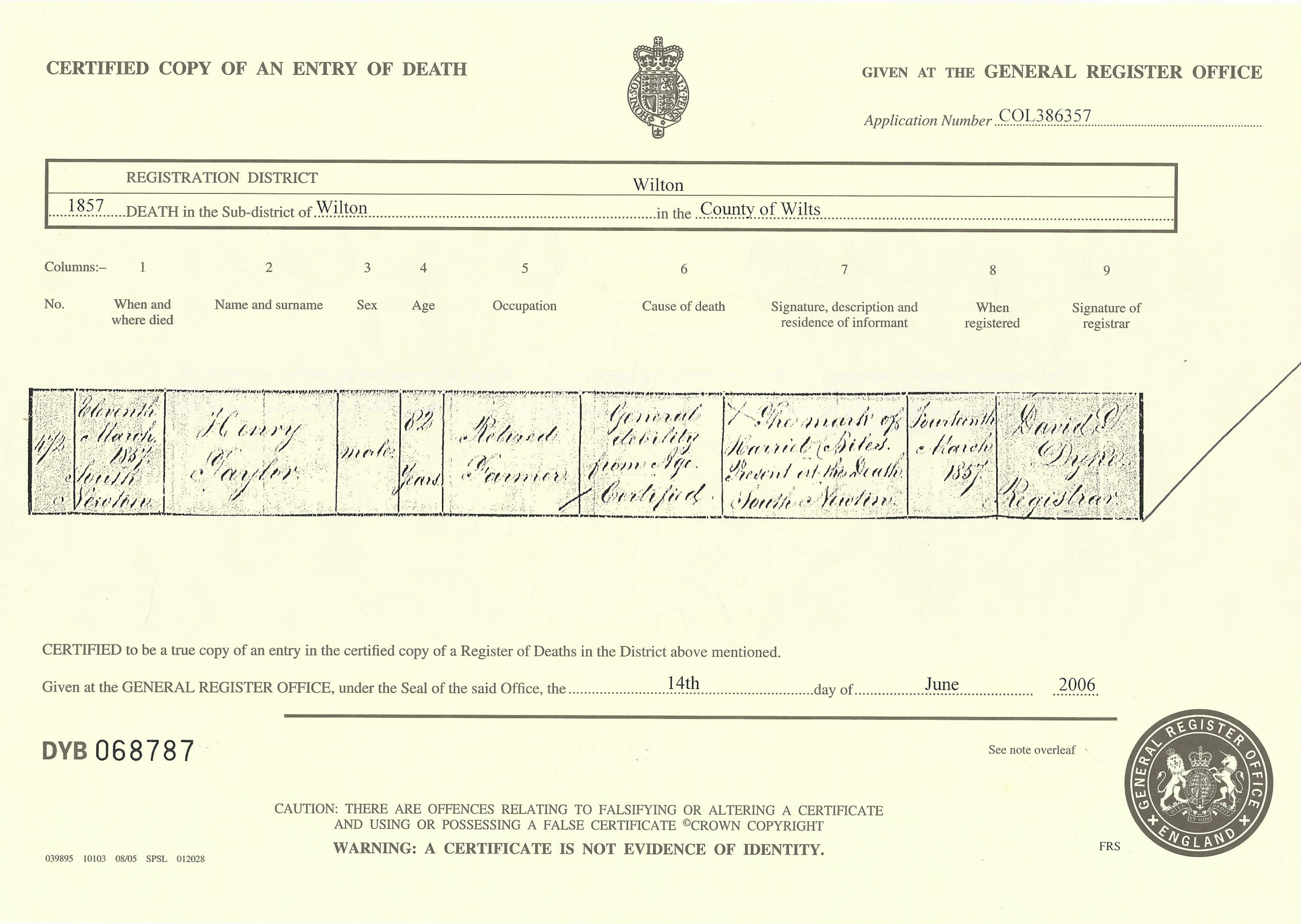 Figure 5: Death Certificate for Henry Taylor