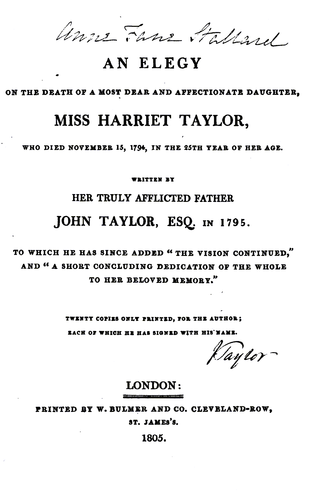 Figure 6: Frontispiece of the “Elegy” written by John Taylor on the death of his daughter Harriet