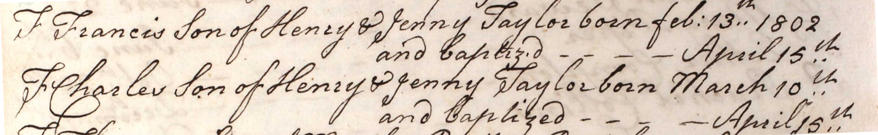 Figure 1: Entry in the Baptism Register of All Saints Farley for Francis and his brother Charles Taylor