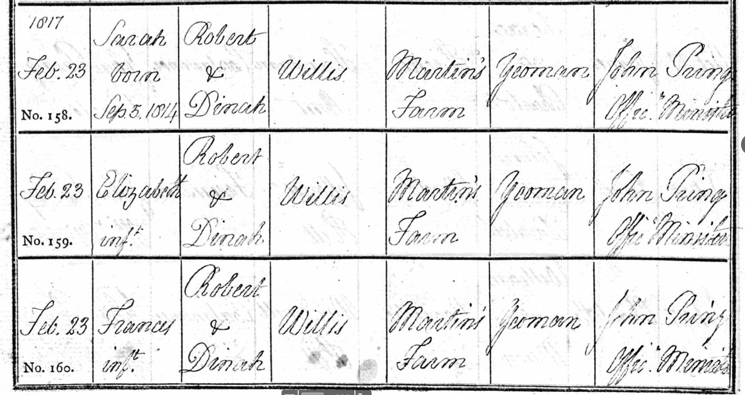 Figure 2: Baptism Register Entry for Sarah, Elizabeth and Frances Willis