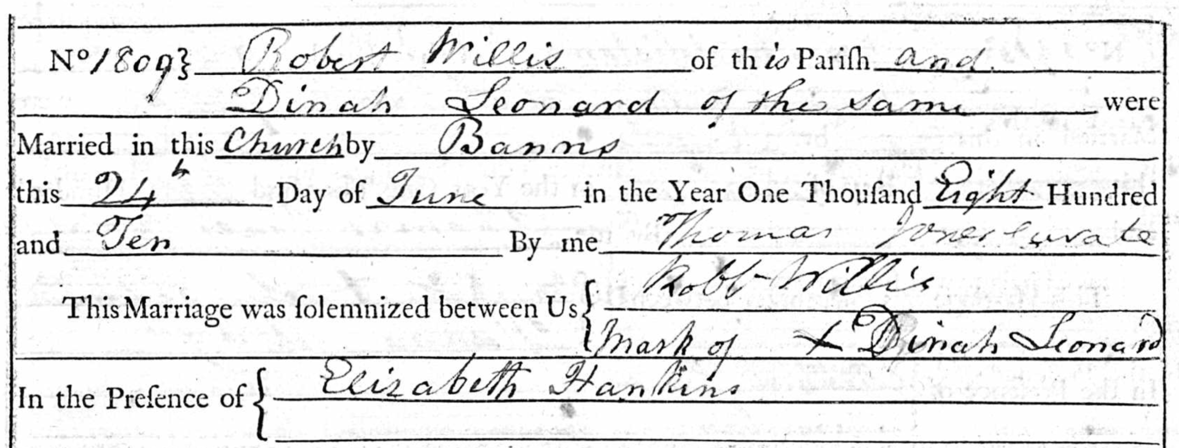 Figure 1: Marriage Register Entry for Robert Willis and Dinah Leonard