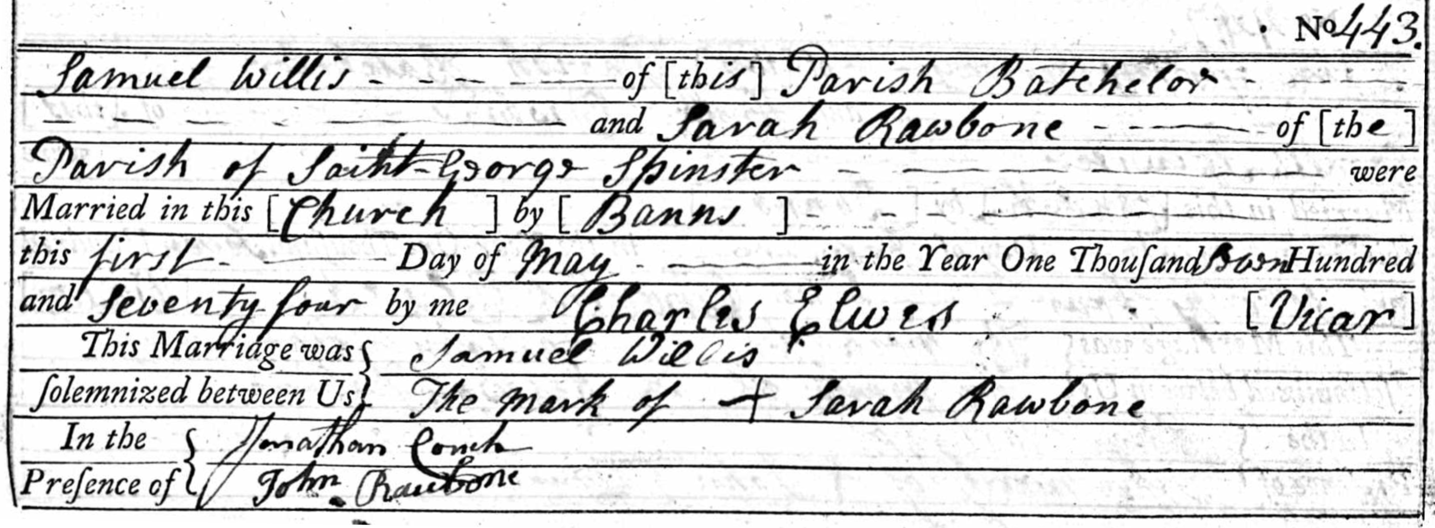 Figure 1: Marriage Register Entry for Samuel Willis and Sarah Rawbone