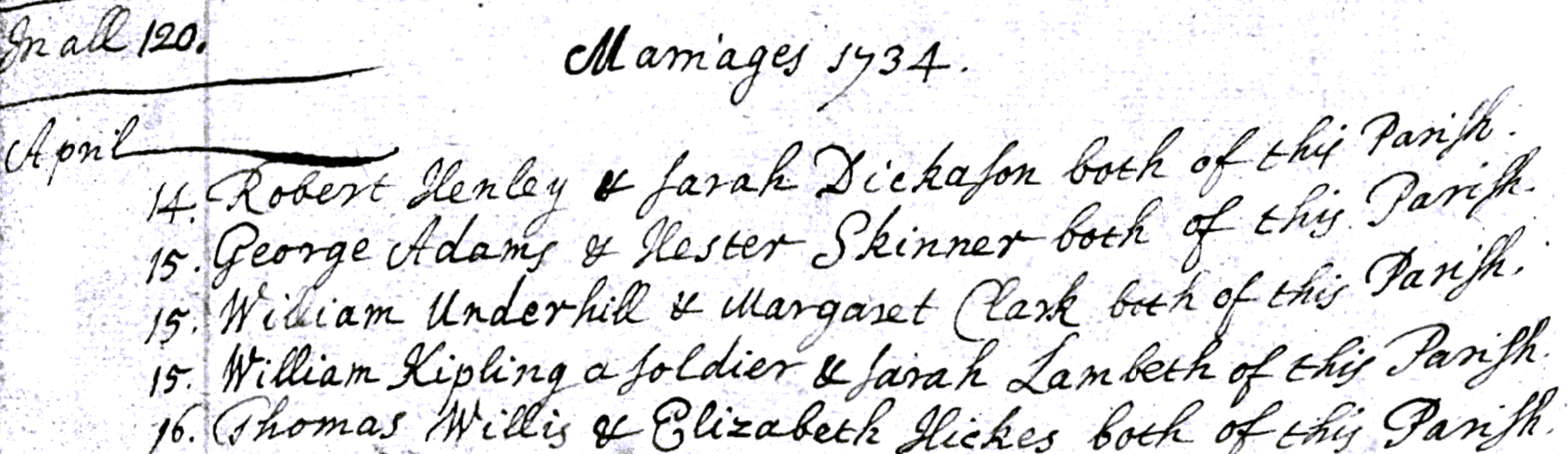 Figure 2: Marriage Register Entry for Thomas Willis and Elizabeth Hicks