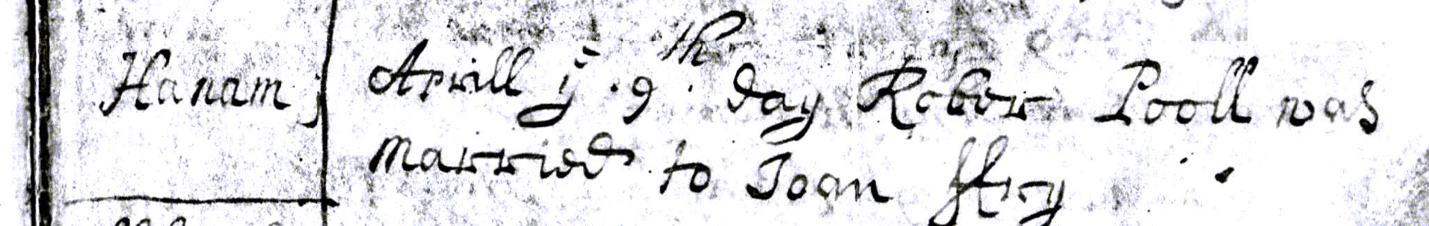 Figure 1: Marriage Register entry for Robert Pooll and Joan Fry