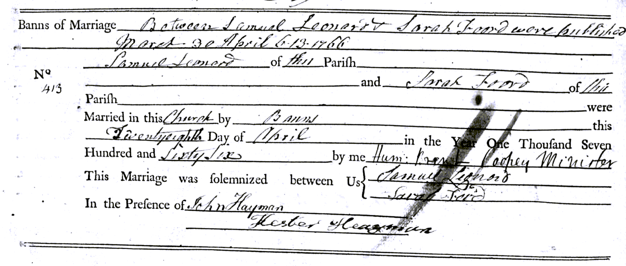 Figure 1: Marriage Register Entry for Samuel Leonard and Sarah Foord